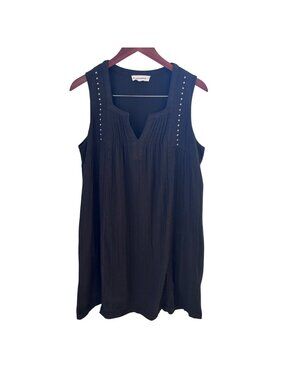 Lucky Brand Gauze Summer Dress Sz Medium Dark Gray 100% Cotton Studs Embroidery